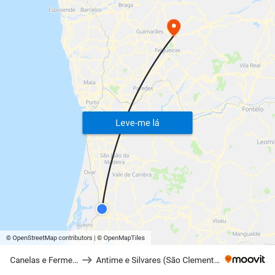 Canelas e Fermelã to Antime e Silvares (São Clemente) map