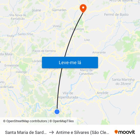 Santa Maria de Sardoura to Antime e Silvares (São Clemente) map