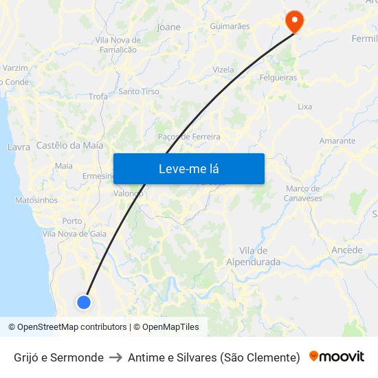 Grijó e Sermonde to Antime e Silvares (São Clemente) map