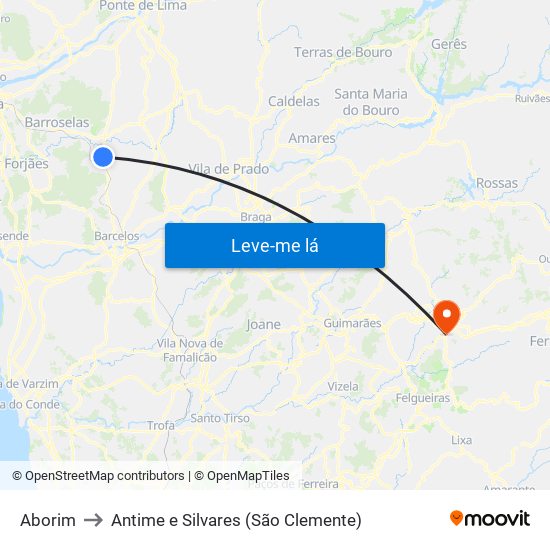 Aborim to Antime e Silvares (São Clemente) map
