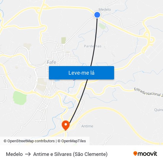 Medelo to Antime e Silvares (São Clemente) map