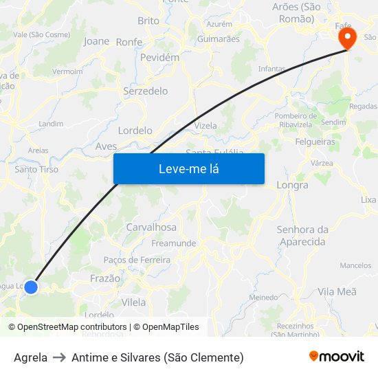 Agrela to Antime e Silvares (São Clemente) map