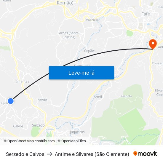 Serzedo e Calvos to Antime e Silvares (São Clemente) map