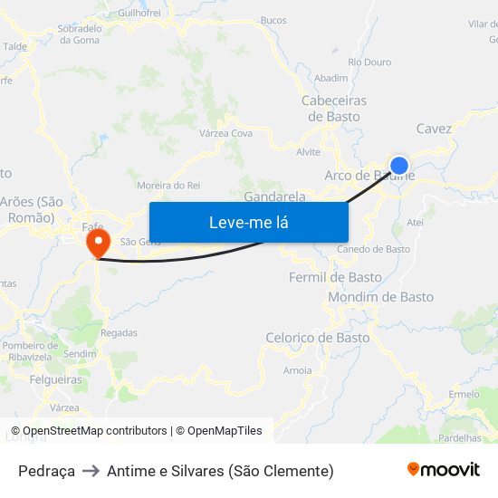 Pedraça to Antime e Silvares (São Clemente) map