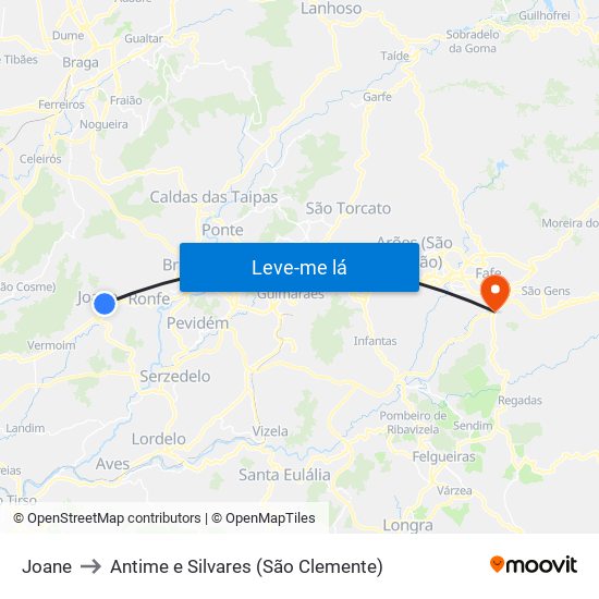 Joane to Antime e Silvares (São Clemente) map