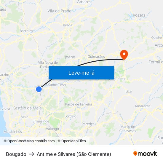 Bougado to Antime e Silvares (São Clemente) map