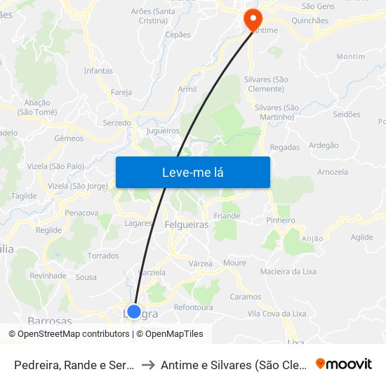 Pedreira, Rande e Sernande to Antime e Silvares (São Clemente) map