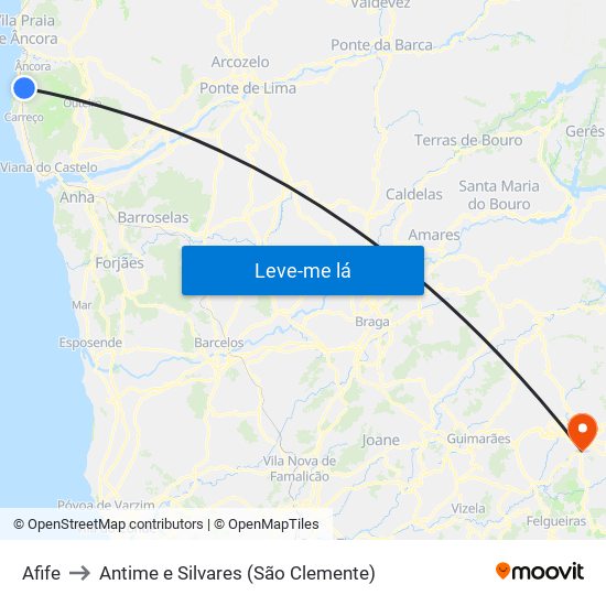 Afife to Antime e Silvares (São Clemente) map