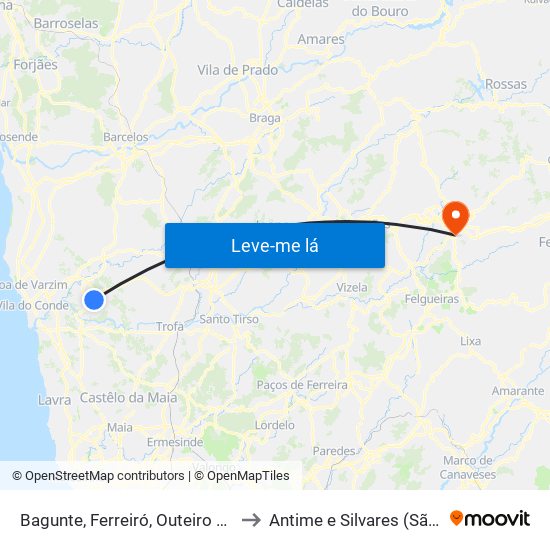 Bagunte, Ferreiró, Outeiro Maior e Parada to Antime e Silvares (São Clemente) map