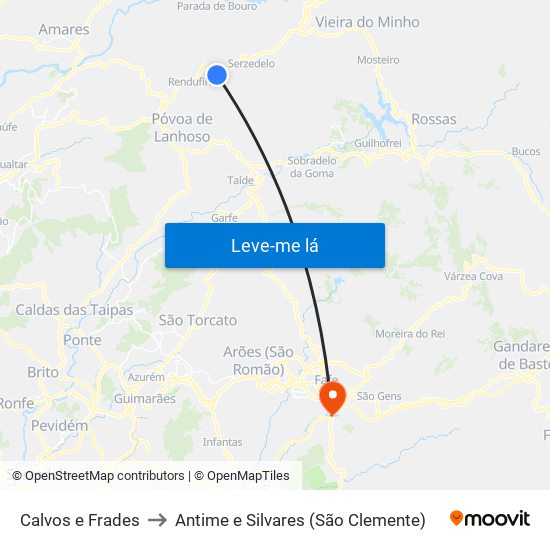 Calvos e Frades to Antime e Silvares (São Clemente) map