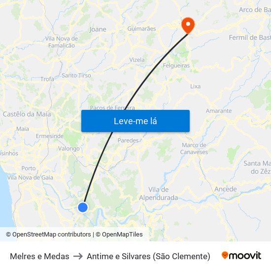 Melres e Medas to Antime e Silvares (São Clemente) map