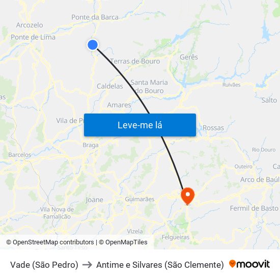 Vade (São Pedro) to Antime e Silvares (São Clemente) map