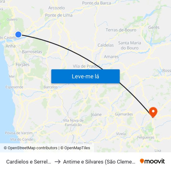 Cardielos e Serreleis to Antime e Silvares (São Clemente) map