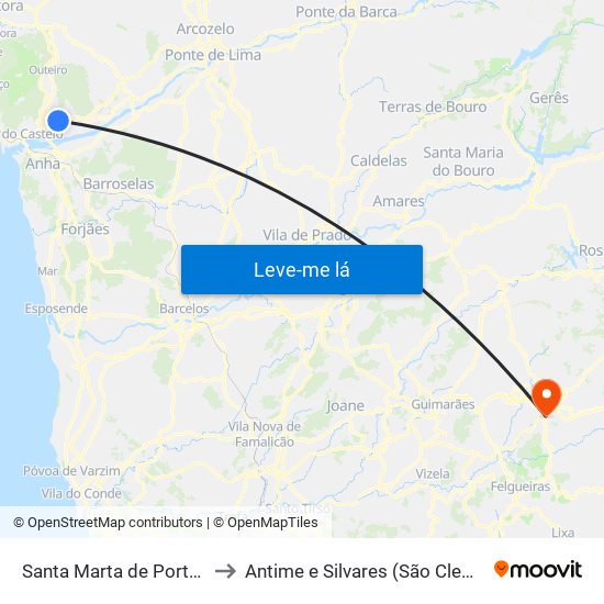 Santa Marta de Portuzelo to Antime e Silvares (São Clemente) map