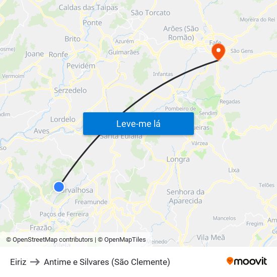 Eiriz to Antime e Silvares (São Clemente) map