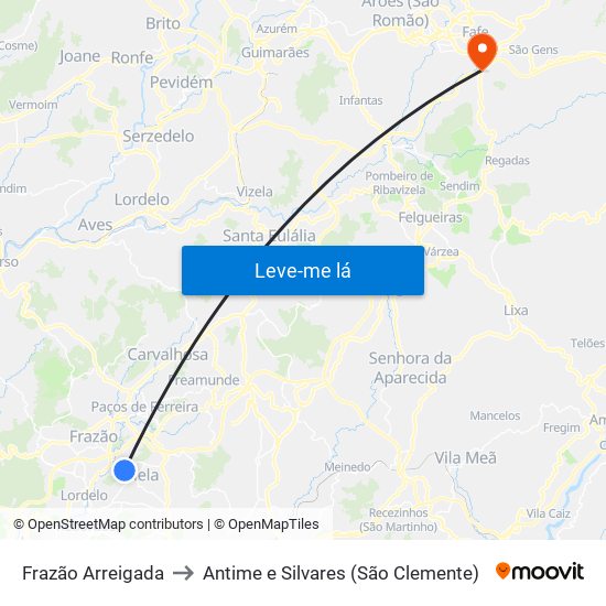 Frazão Arreigada to Antime e Silvares (São Clemente) map