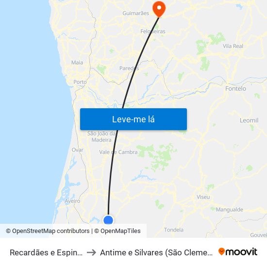 Recardães e Espinhel to Antime e Silvares (São Clemente) map