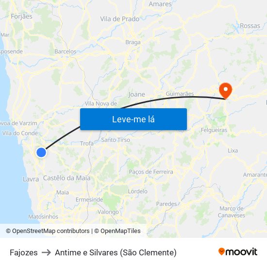 Fajozes to Antime e Silvares (São Clemente) map