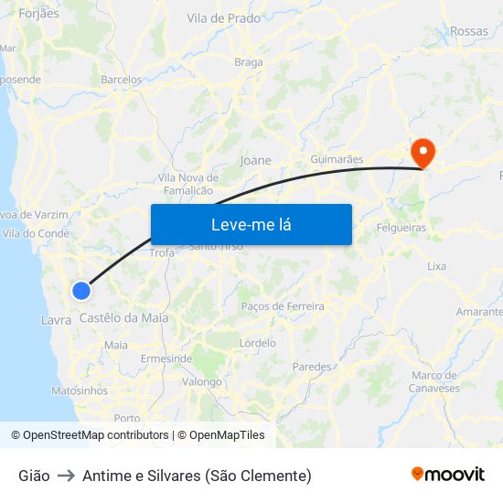 Gião to Antime e Silvares (São Clemente) map