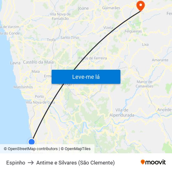 Espinho to Antime e Silvares (São Clemente) map