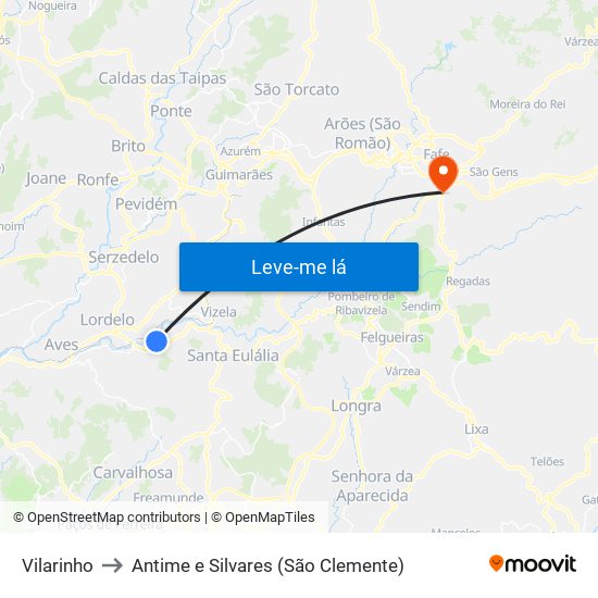 Vilarinho to Antime e Silvares (São Clemente) map