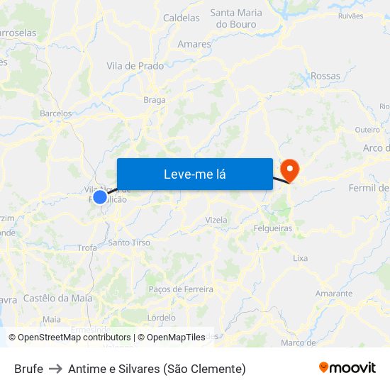 Brufe to Antime e Silvares (São Clemente) map