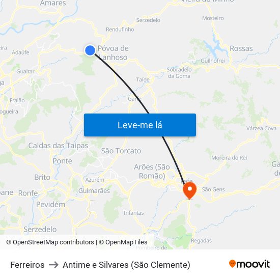 Ferreiros to Antime e Silvares (São Clemente) map