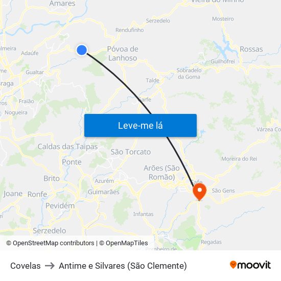 Covelas to Antime e Silvares (São Clemente) map