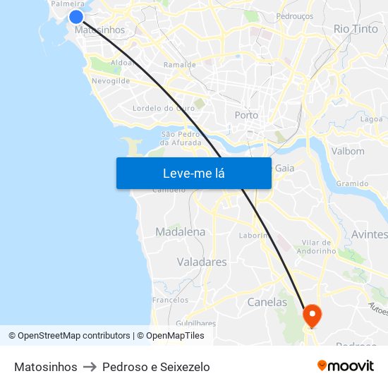 Matosinhos to Pedroso e Seixezelo map