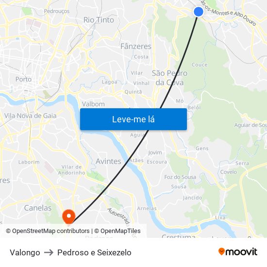 Valongo to Pedroso e Seixezelo map