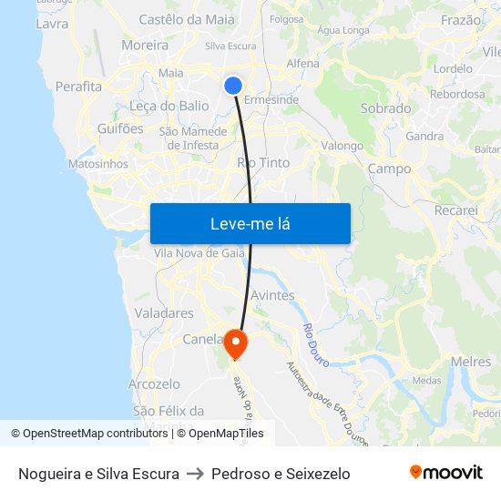 Nogueira e Silva Escura to Pedroso e Seixezelo map