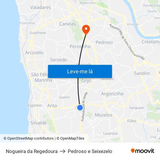 Nogueira da Regedoura to Pedroso e Seixezelo map