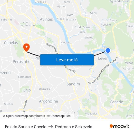 Foz do Sousa e Covelo to Pedroso e Seixezelo map