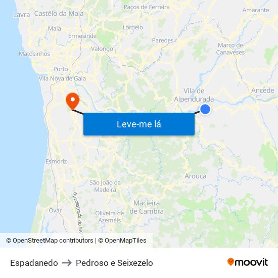 Espadanedo to Pedroso e Seixezelo map