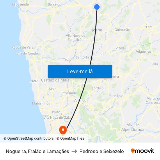 Nogueira, Fraião e Lamaçães to Pedroso e Seixezelo map