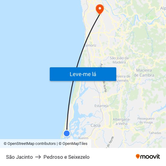 São Jacinto to Pedroso e Seixezelo map
