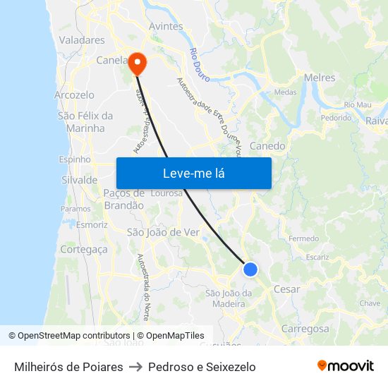 Milheirós de Poiares to Pedroso e Seixezelo map