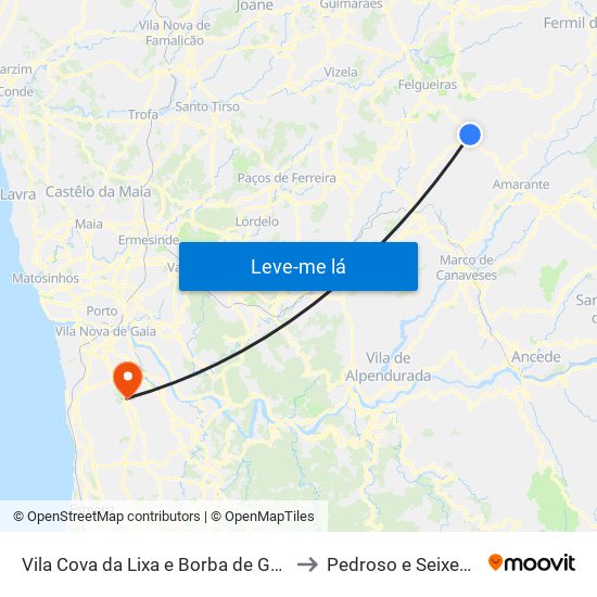 Vila Cova da Lixa e Borba de Godim to Pedroso e Seixezelo map