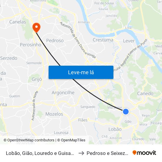 Lobão, Gião, Louredo e Guisande to Pedroso e Seixezelo map