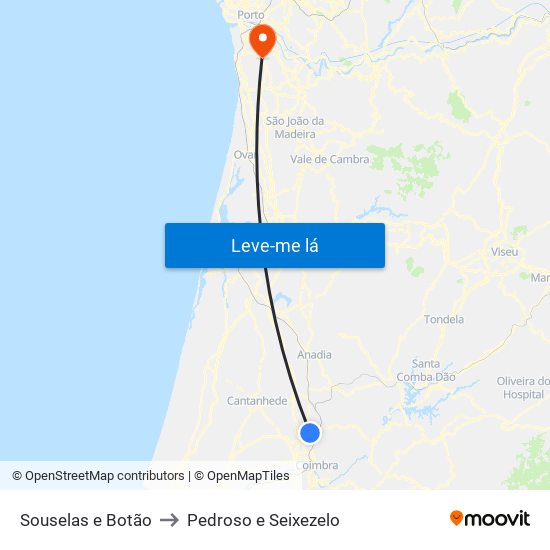 Souselas e Botão to Pedroso e Seixezelo map
