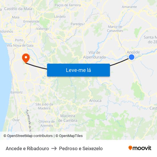 Ancede e Ribadouro to Pedroso e Seixezelo map