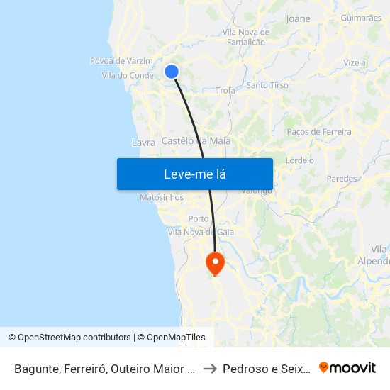 Bagunte, Ferreiró, Outeiro Maior e Parada to Pedroso e Seixezelo map