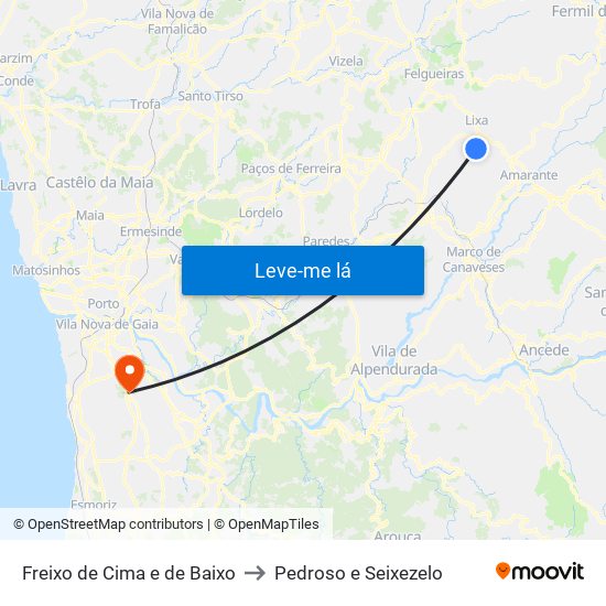Freixo de Cima e de Baixo to Pedroso e Seixezelo map