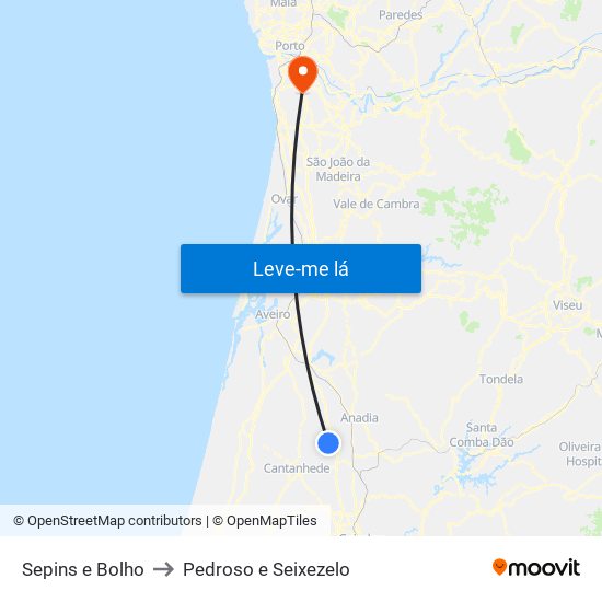 Sepins e Bolho to Pedroso e Seixezelo map