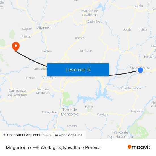 Mogadouro to Avidagos, Navalho e Pereira map