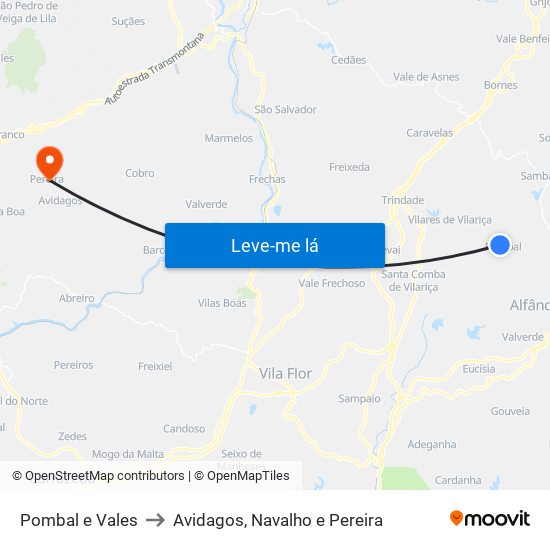 Pombal e Vales to Avidagos, Navalho e Pereira map