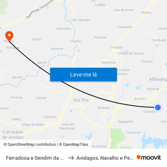 Ferradosa e Sendim da Serra to Avidagos, Navalho e Pereira map