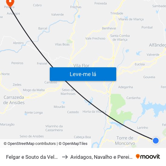 Felgar e Souto da Velha to Avidagos, Navalho e Pereira map