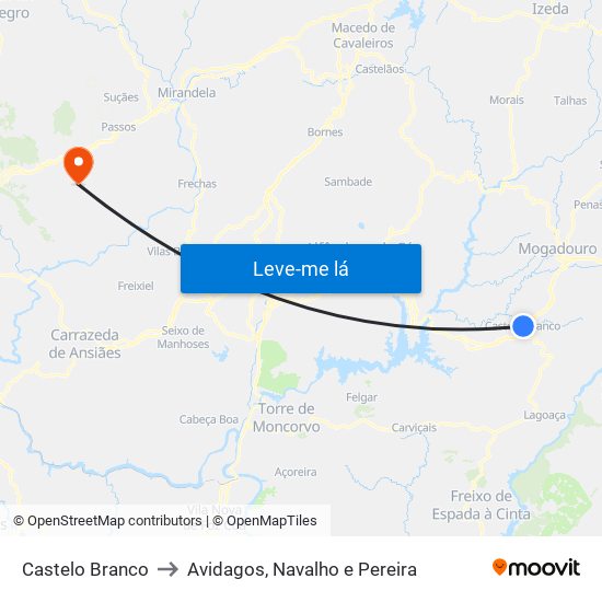 Castelo Branco to Avidagos, Navalho e Pereira map