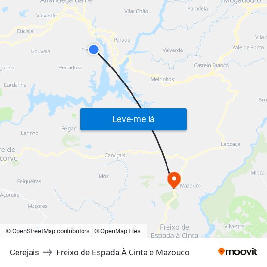 Cerejais to Freixo de Espada À Cinta e Mazouco map